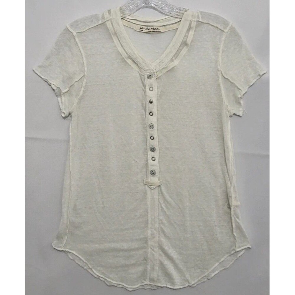 Free People We The Free Womens M Ivory Semi Sheer Raw Edge Henley Top